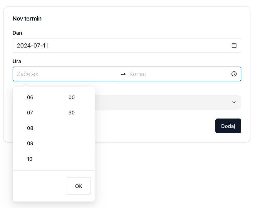 Booking Management Interface Time Picker