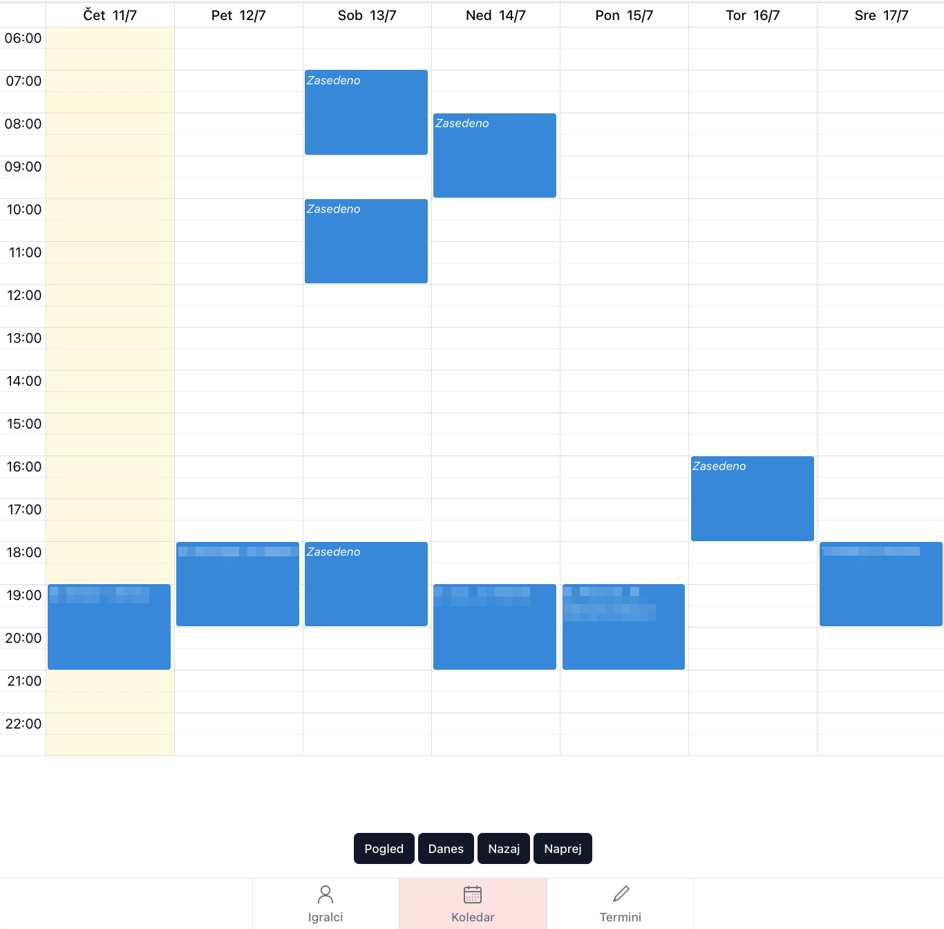 Calendar Interface 7 days