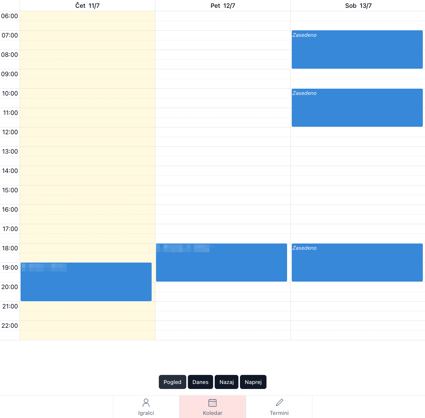 Calendar Interface 3 days